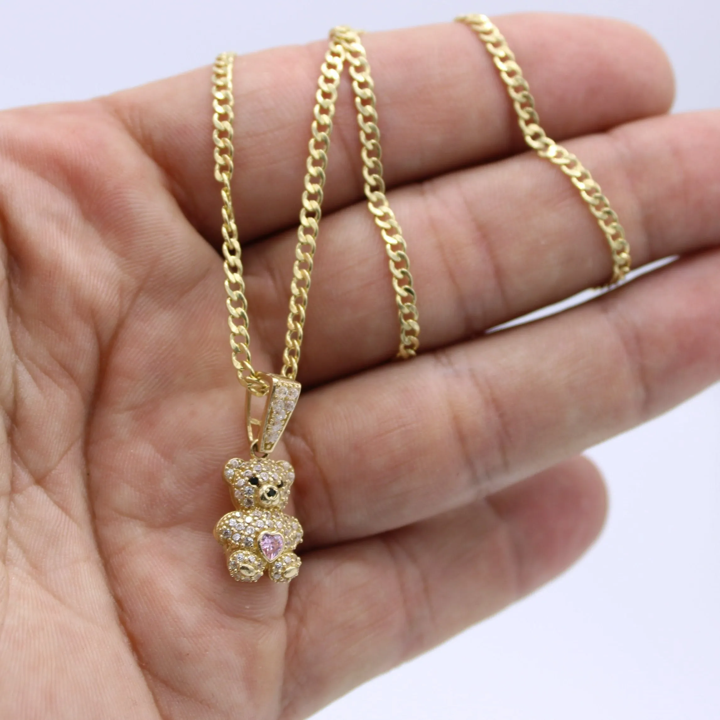 14K Teddy Bear Pendant Cz Stones with Semi-Solid Cuban Chain Yellow Gold