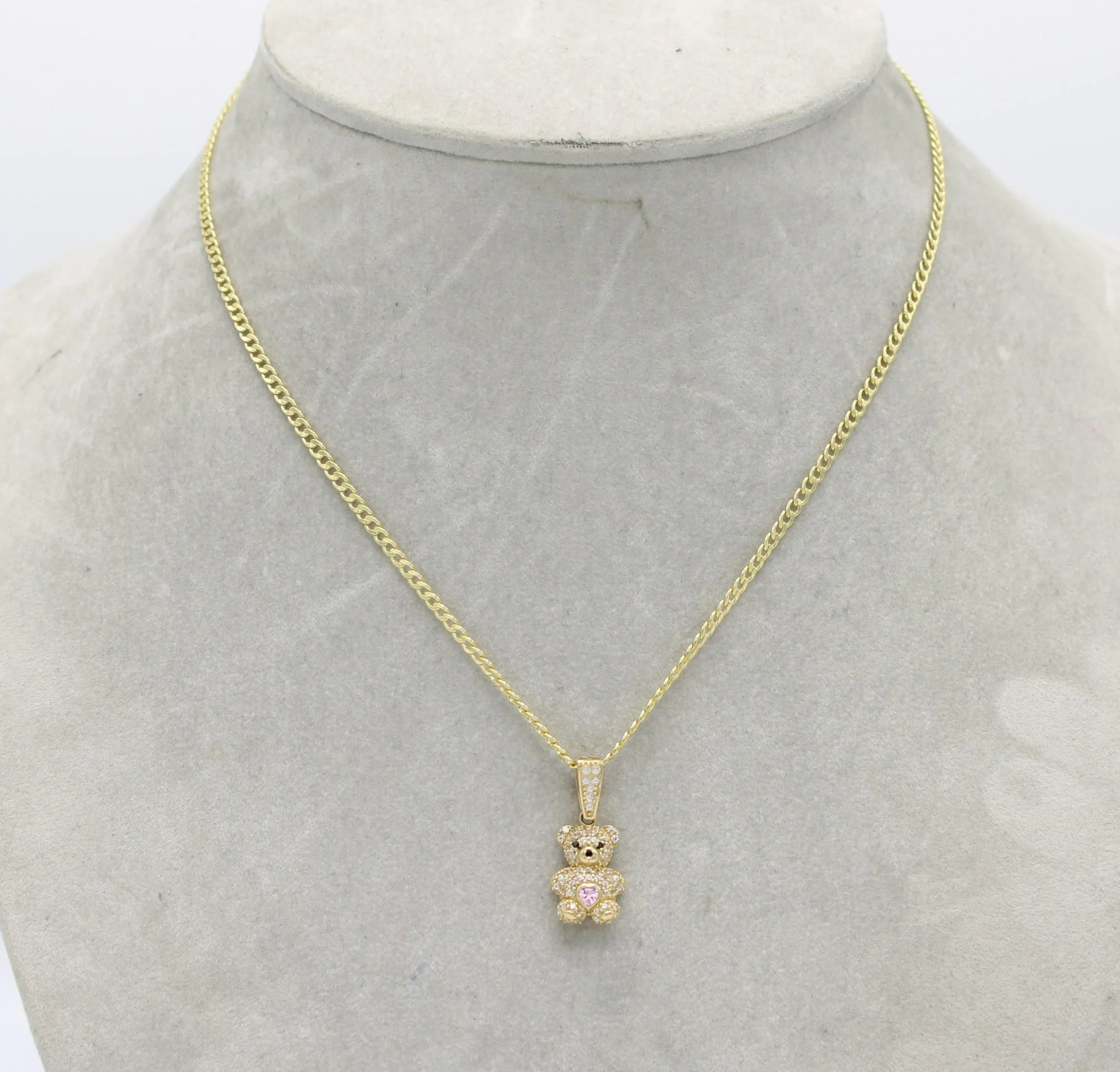 14K Teddy Bear Pendant Cz Stones with Semi-Solid Cuban Chain Yellow Gold