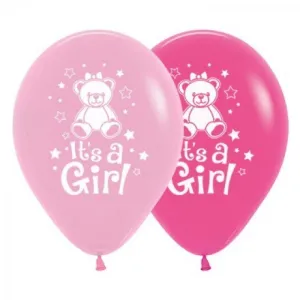 6 Pack Its A Girl Teddy Fashion Pink & Fuchsia Latex Balloons - 30cm