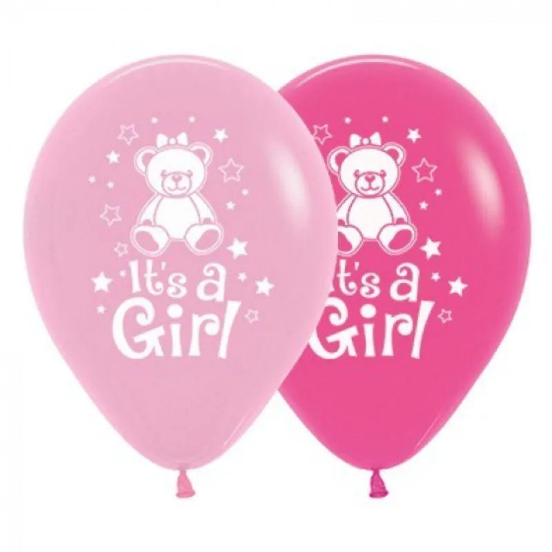 6 Pack Its A Girl Teddy Fashion Pink & Fuchsia Latex Balloons - 30cm