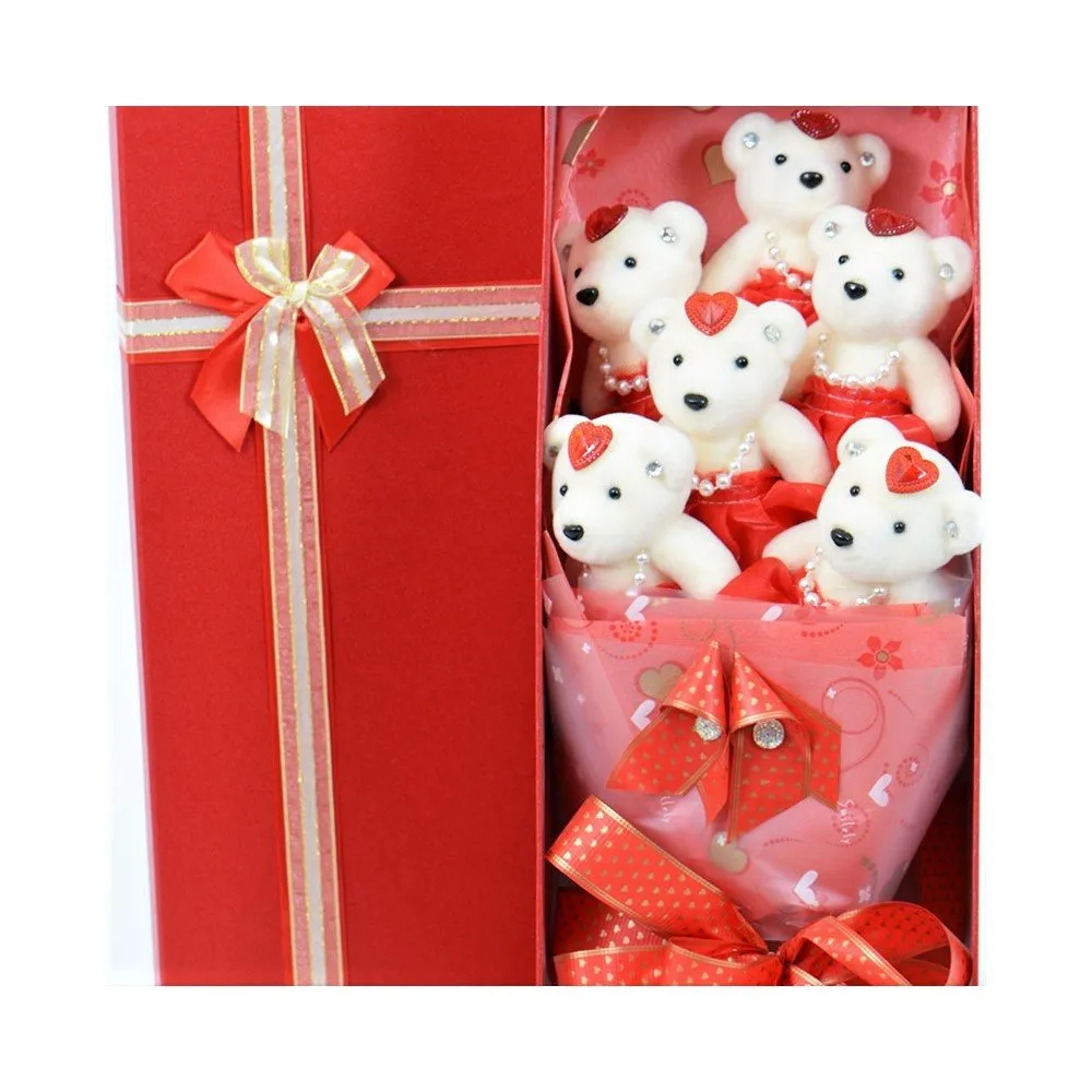 6 Teddy Bear Bouquet Box - Red