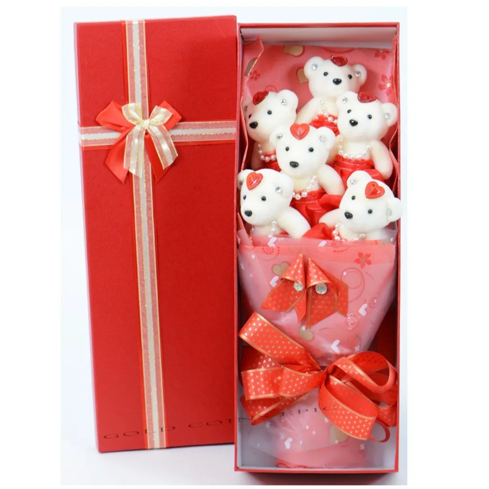 6 Teddy Bear Bouquet Box - Red