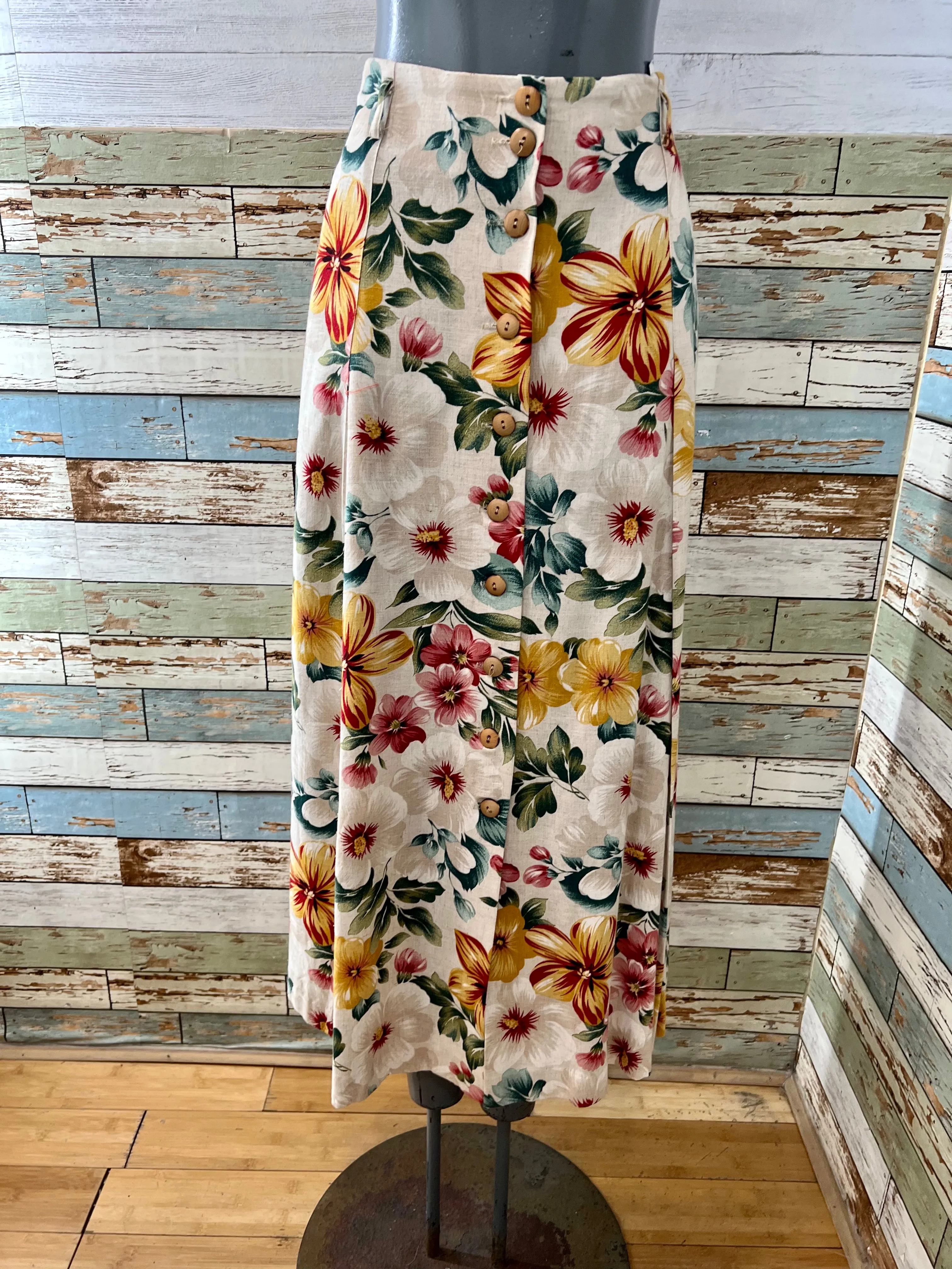 80’s Beige & Yellow Multicolor Flower Maxi Skirt