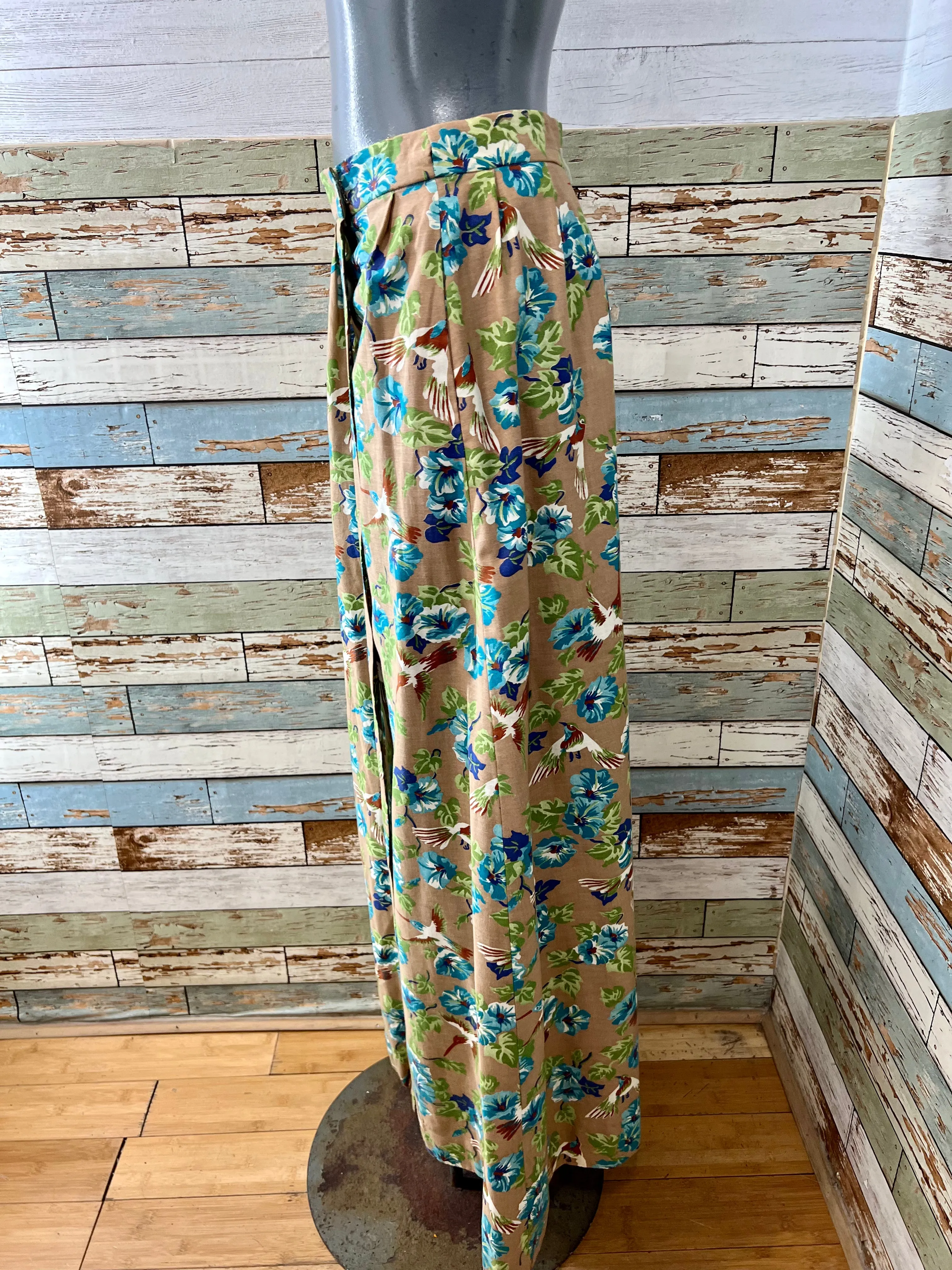 80’s Green & Blue Flower Print Maxi Skirt