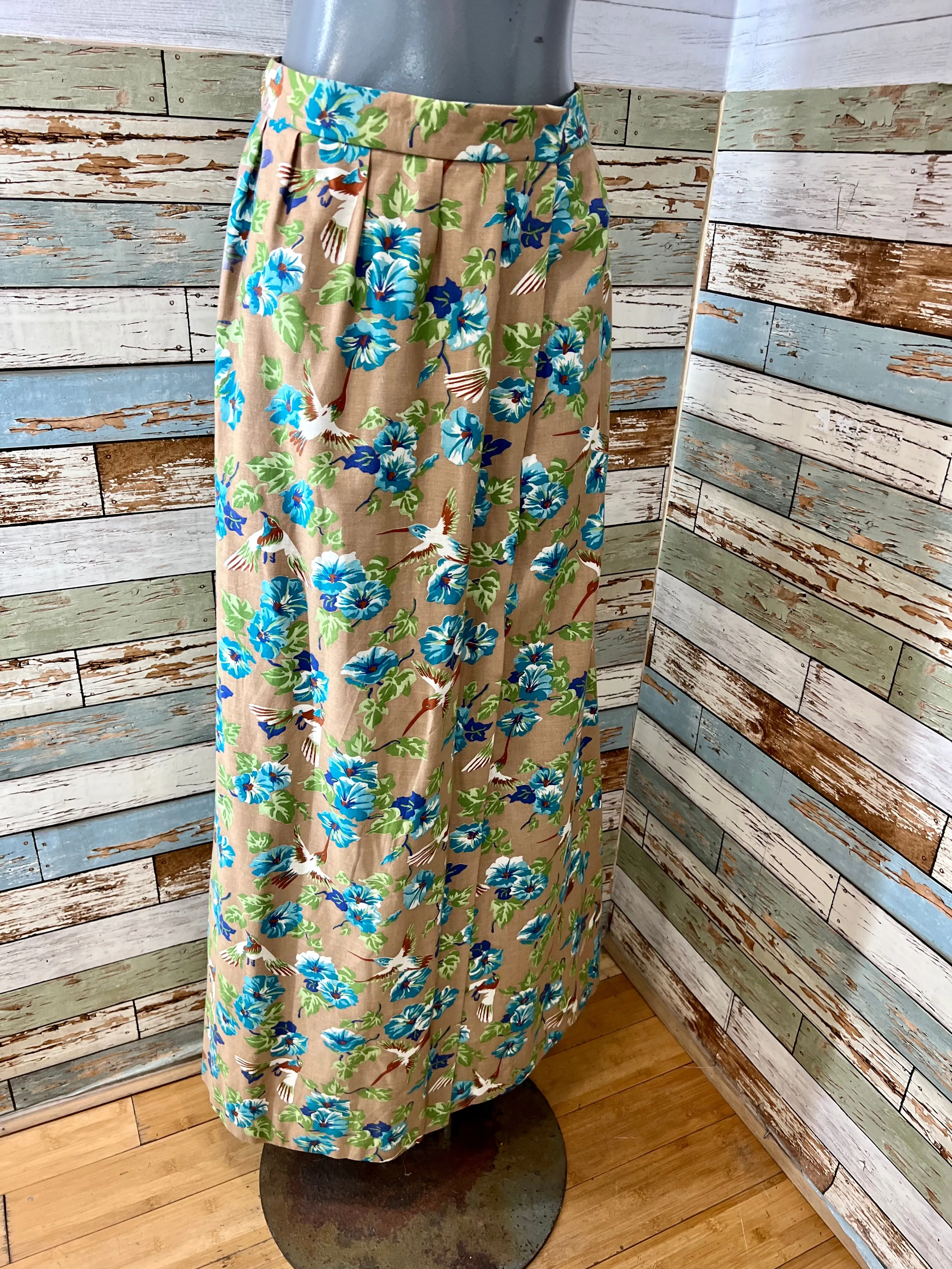 80’s Green & Blue Flower Print Maxi Skirt