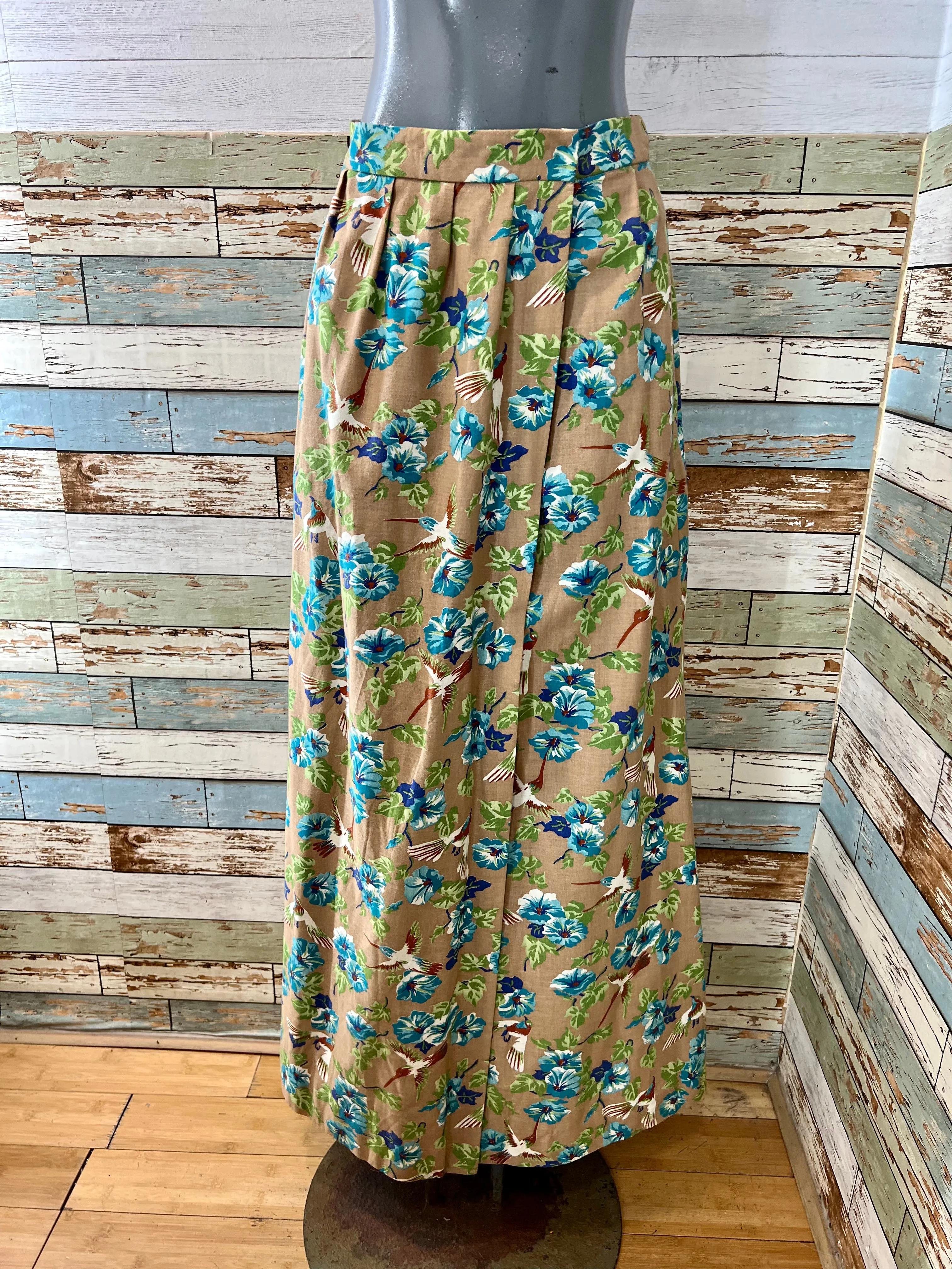 80’s Green & Blue Flower Print Maxi Skirt