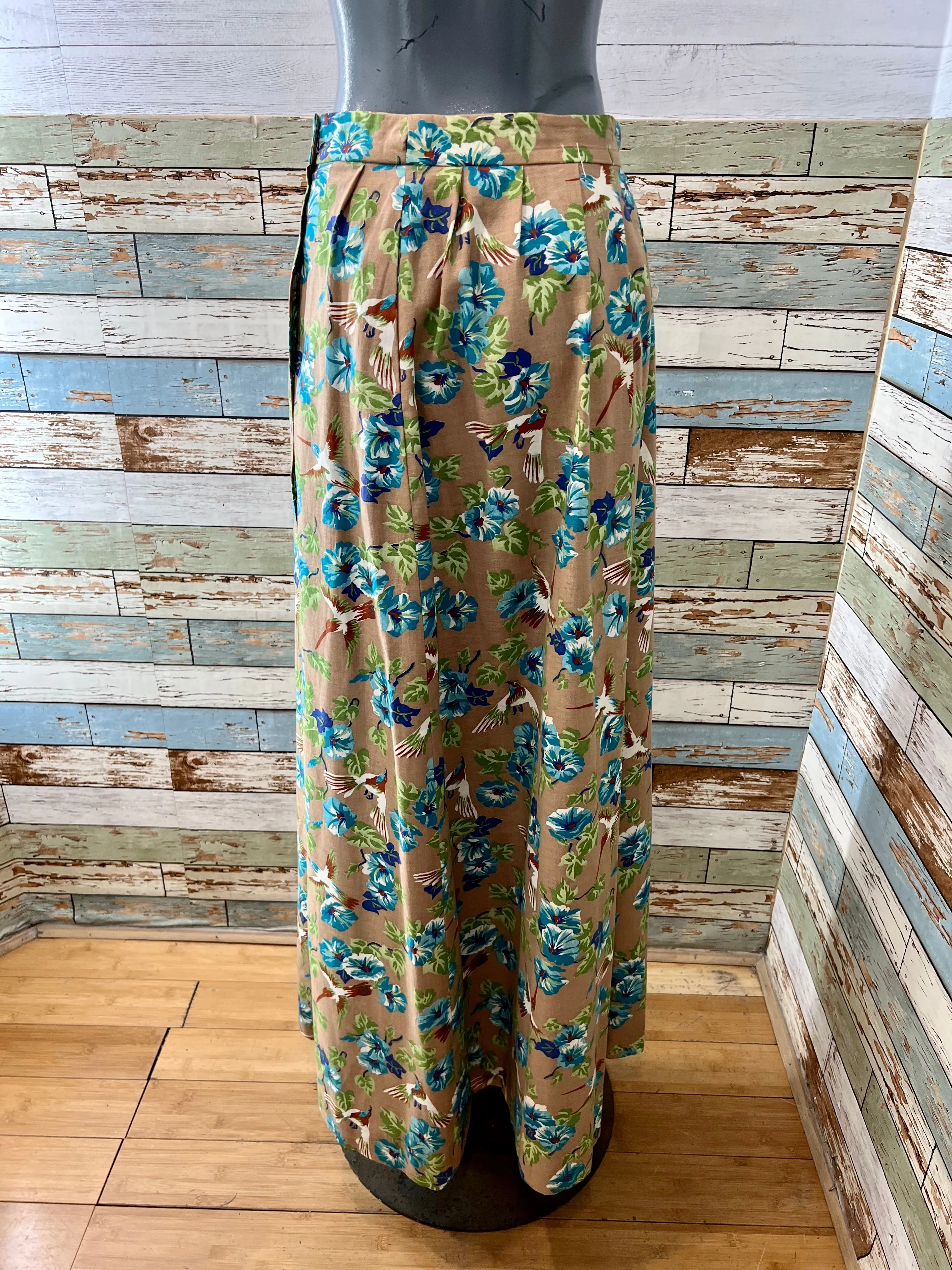80’s Green & Blue Flower Print Maxi Skirt