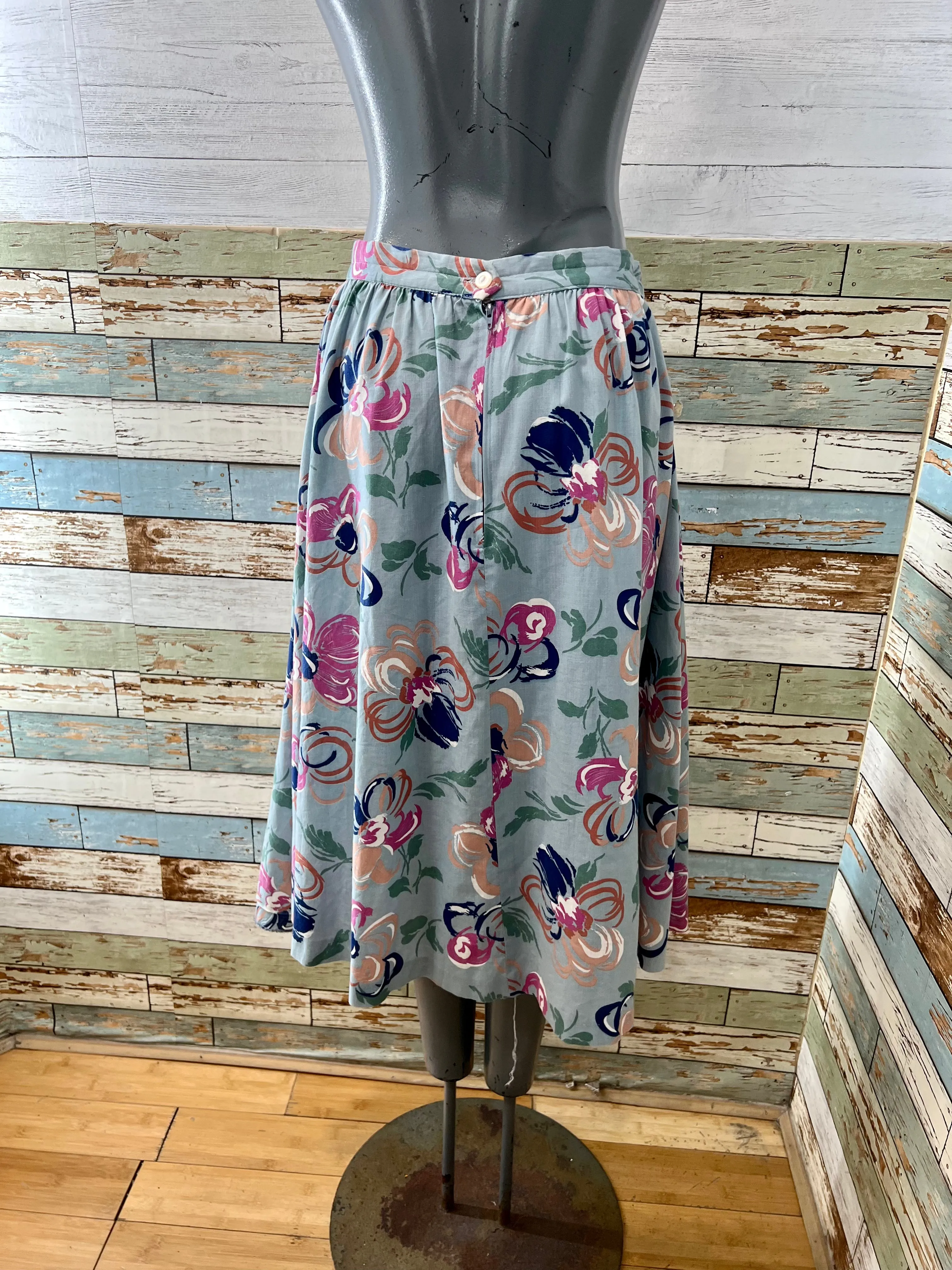 80s Teal Multicolor Abstract Flower Print Knee Skirt