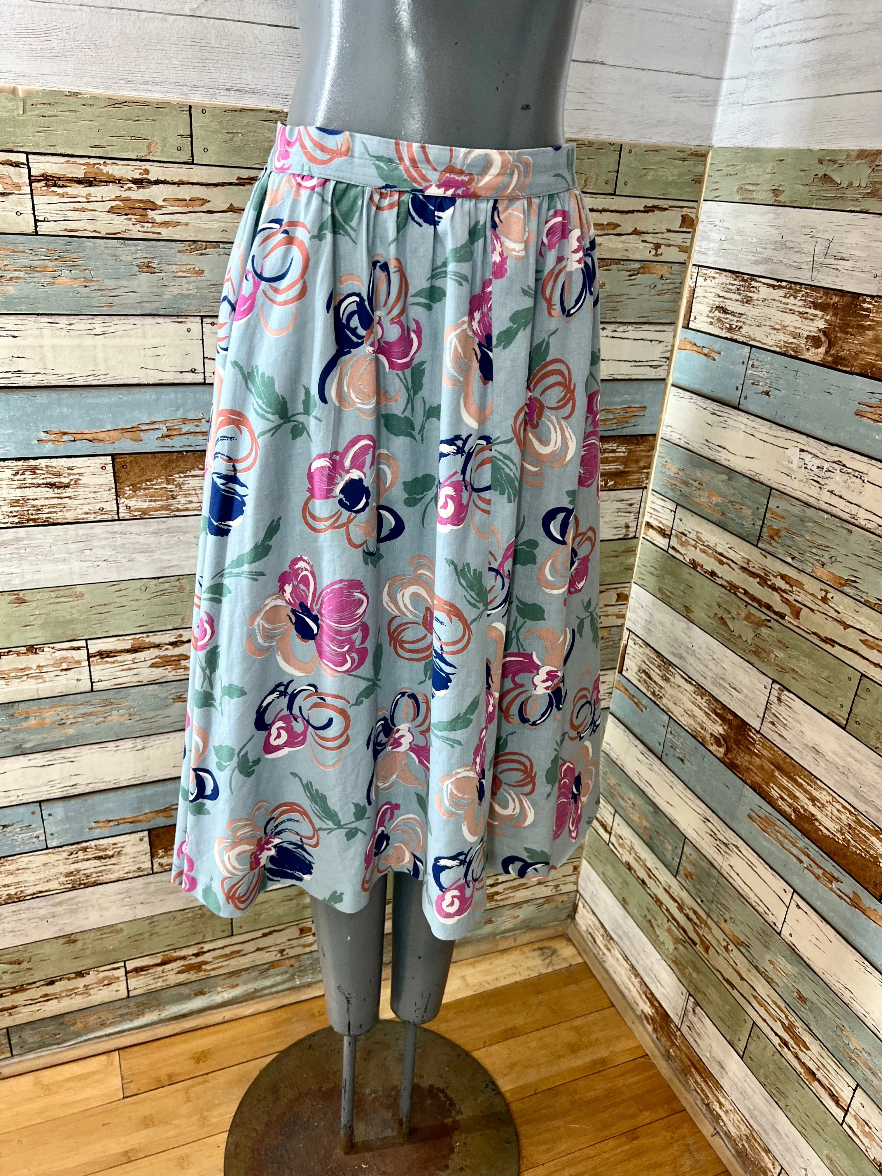 80s Teal Multicolor Abstract Flower Print Knee Skirt