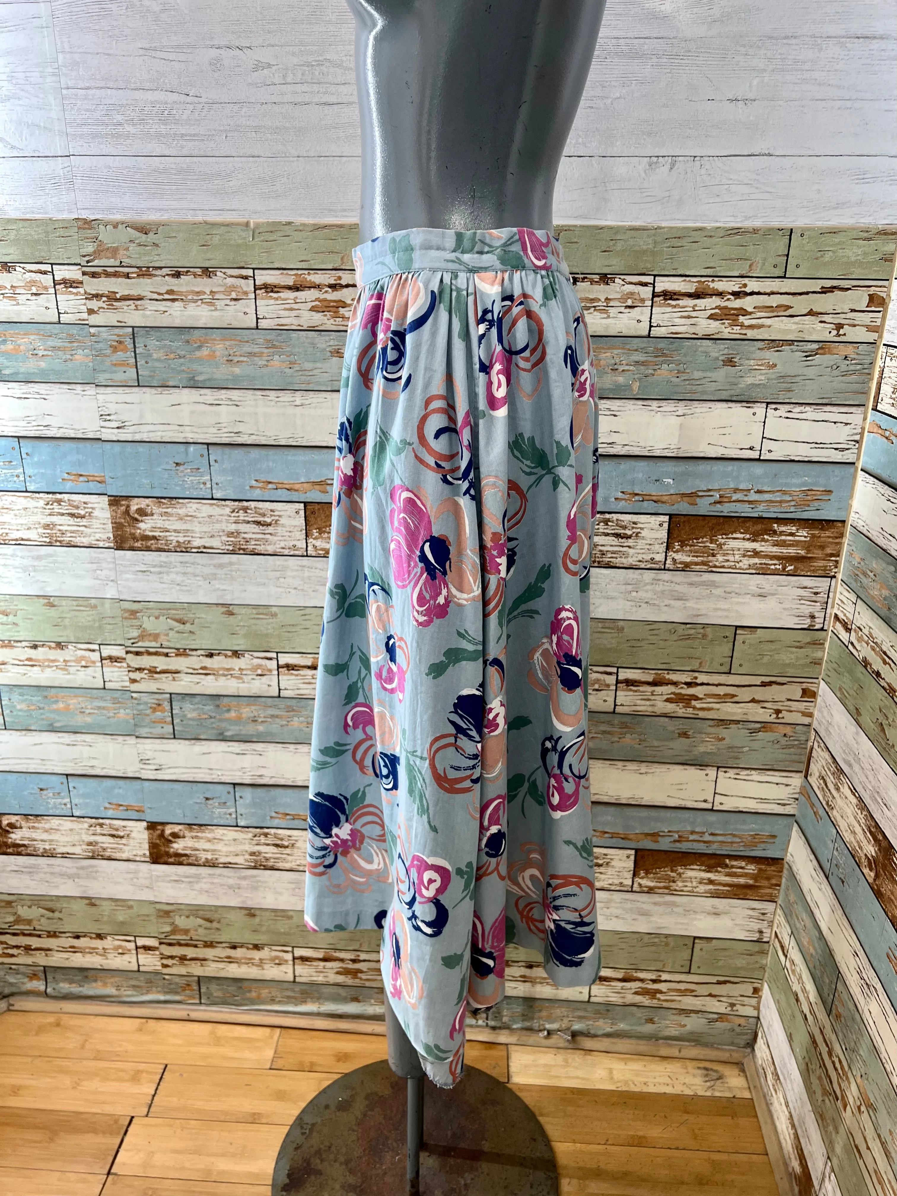 80s Teal Multicolor Abstract Flower Print Knee Skirt