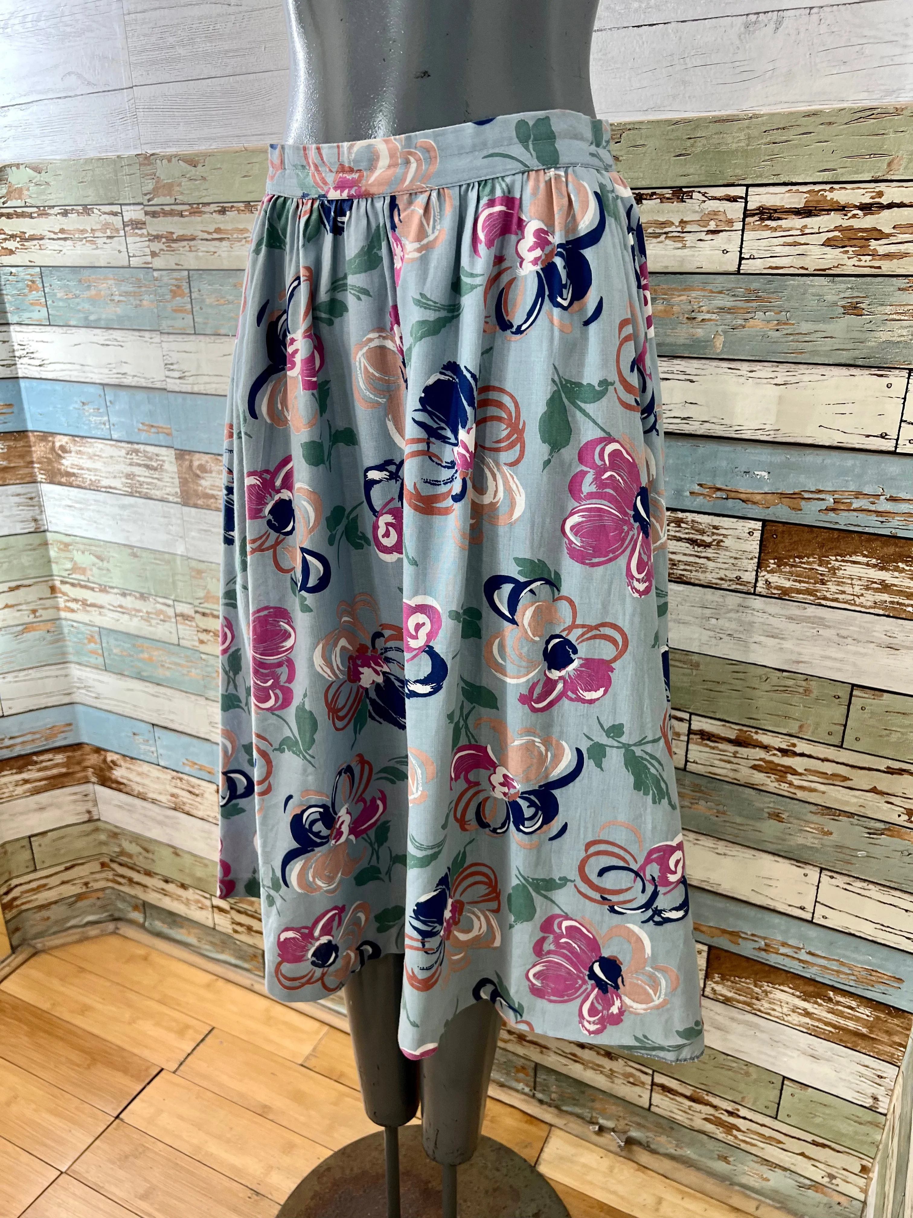 80s Teal Multicolor Abstract Flower Print Knee Skirt