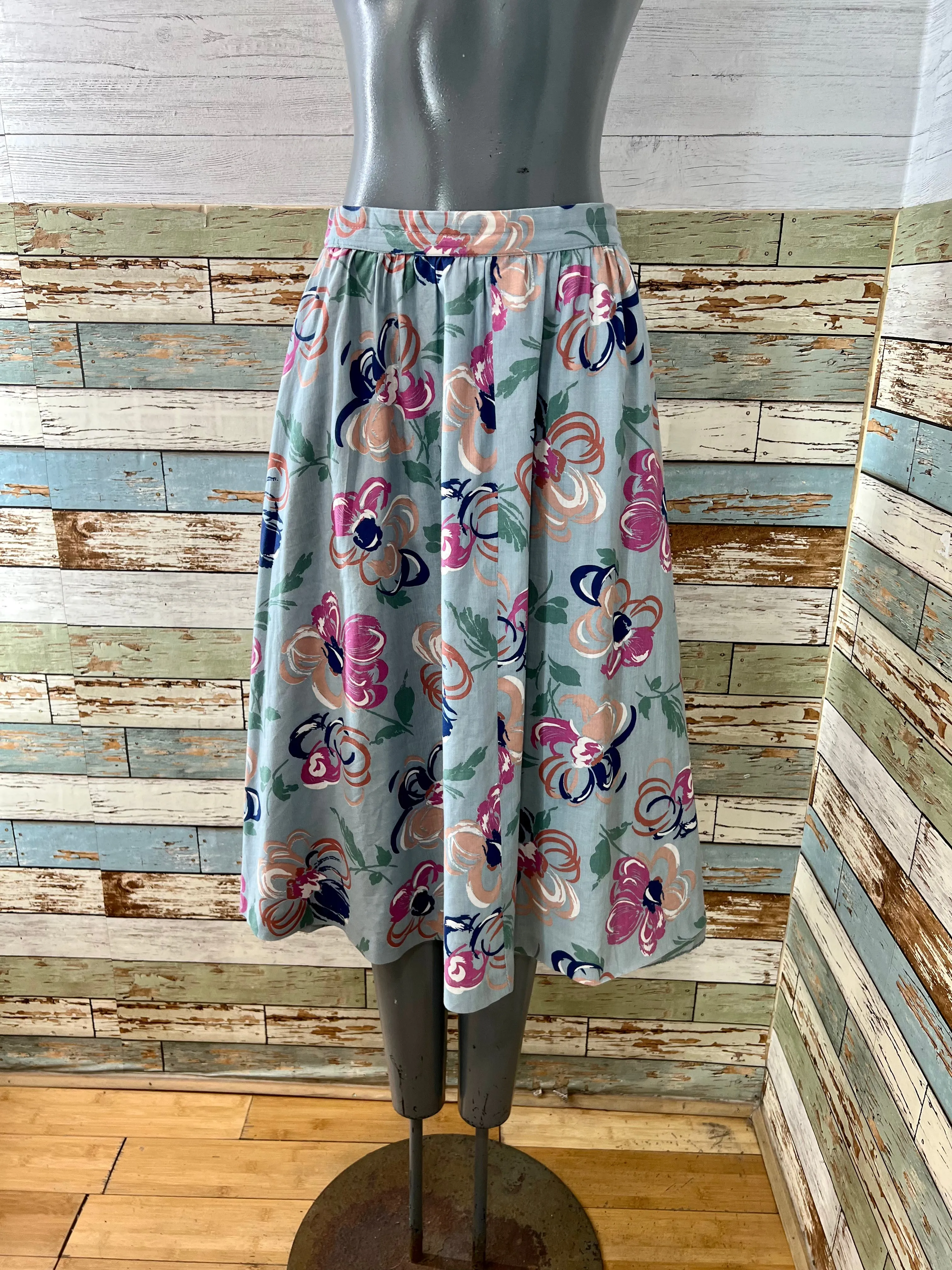80s Teal Multicolor Abstract Flower Print Knee Skirt