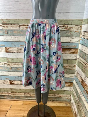 80s Teal Multicolor Abstract Flower Print Knee Skirt