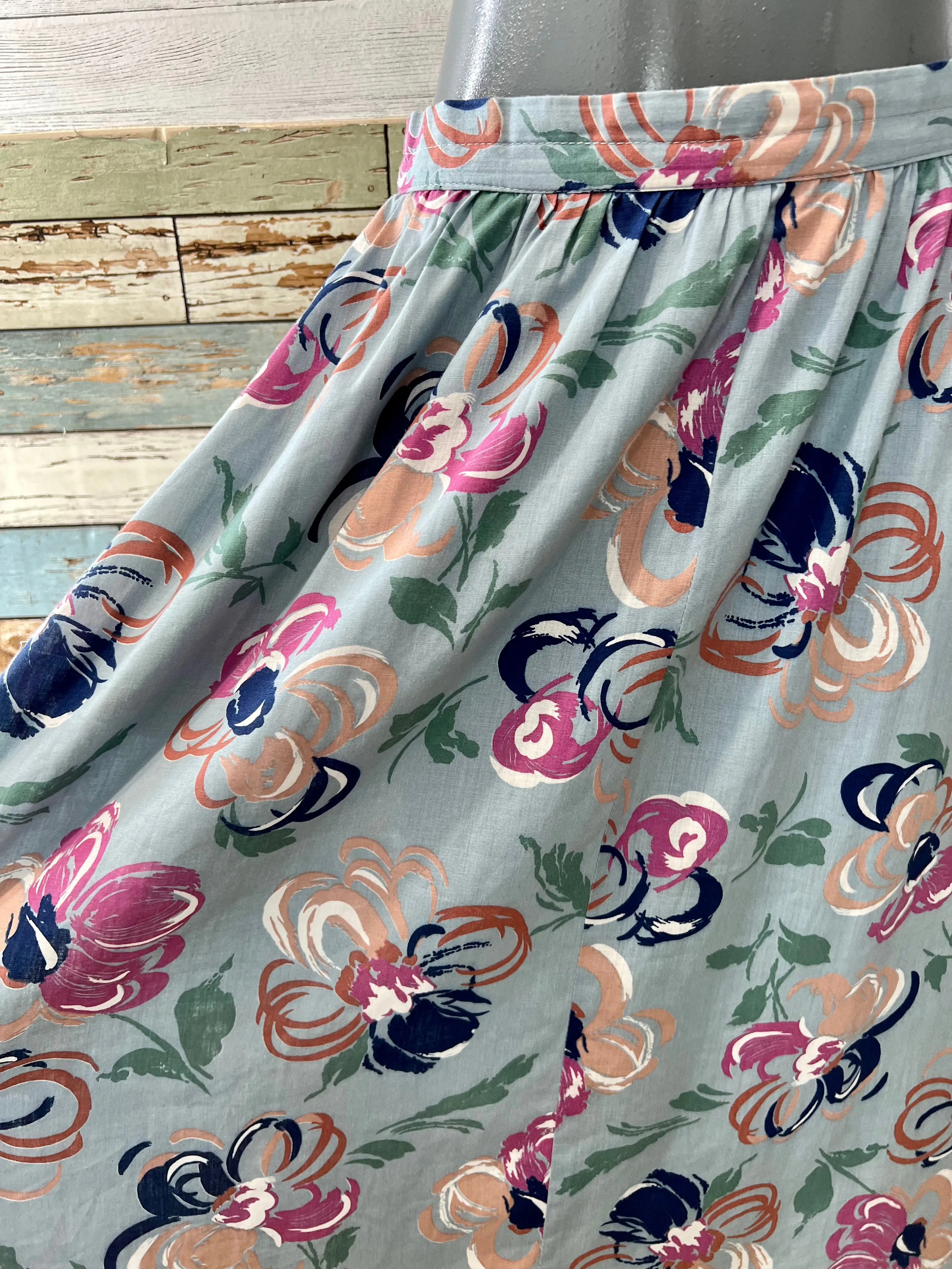 80s Teal Multicolor Abstract Flower Print Knee Skirt
