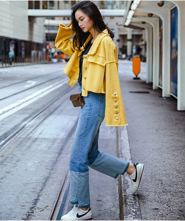 8GIRLS DESIGN OVERSIZED CROP DENIM JACKET IN YELLOW