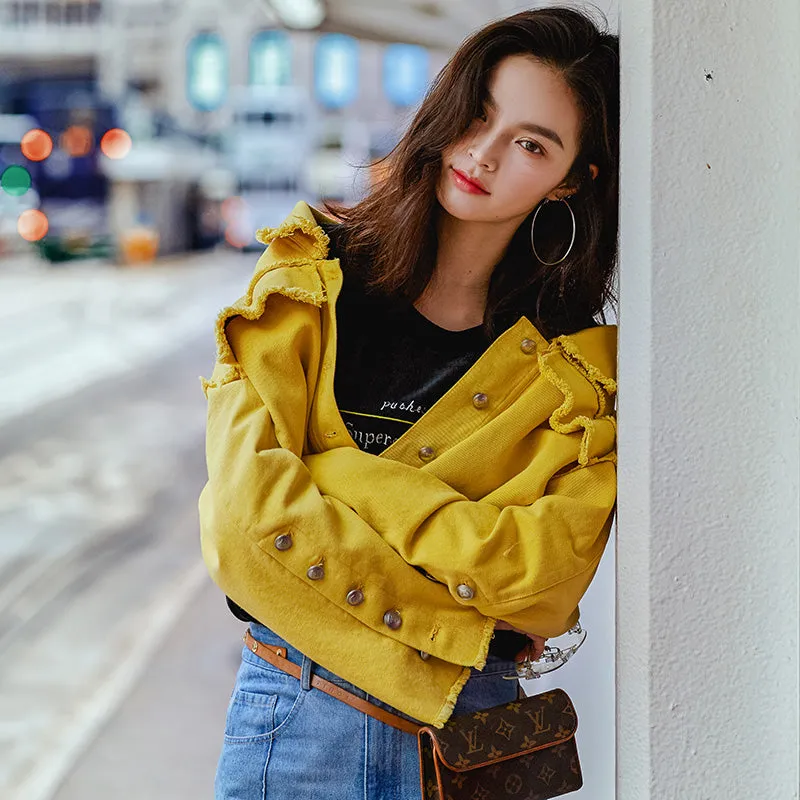 8GIRLS DESIGN OVERSIZED CROP DENIM JACKET IN YELLOW
