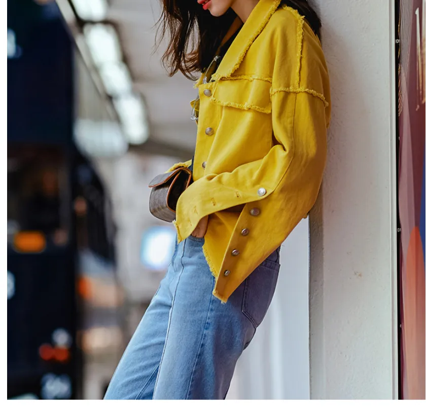 8GIRLS DESIGN OVERSIZED CROP DENIM JACKET IN YELLOW