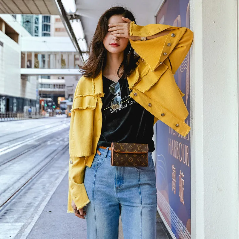 8GIRLS DESIGN OVERSIZED CROP DENIM JACKET IN YELLOW