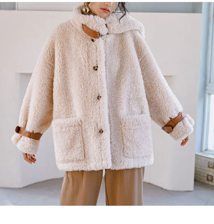 8GIRLS DESIGN OVERSIZED TEDDY BORG JACKET WITH CONTRAST PIN BUCKLE FASTENING