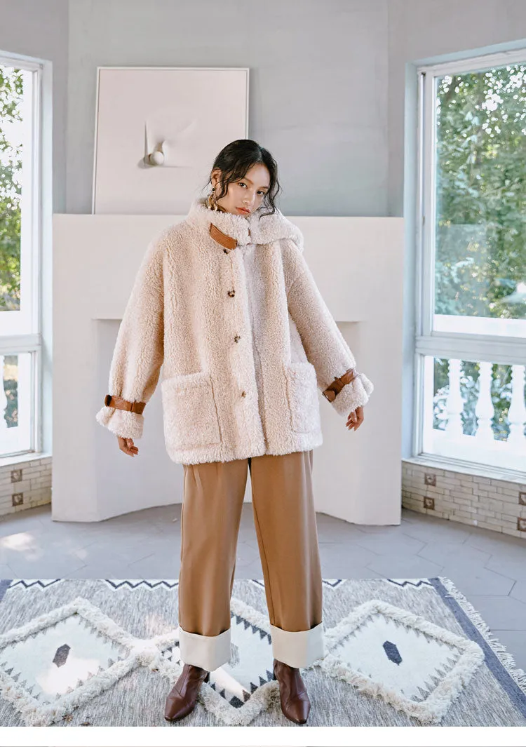8GIRLS DESIGN OVERSIZED TEDDY BORG JACKET WITH CONTRAST PIN BUCKLE FASTENING