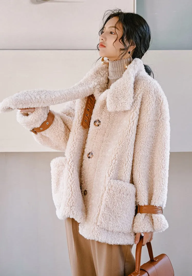 8GIRLS DESIGN OVERSIZED TEDDY BORG JACKET WITH CONTRAST PIN BUCKLE FASTENING