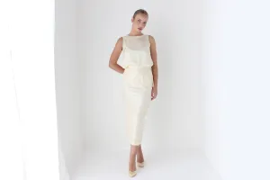 90s Cream Crinkle Taffeta Column Skirt