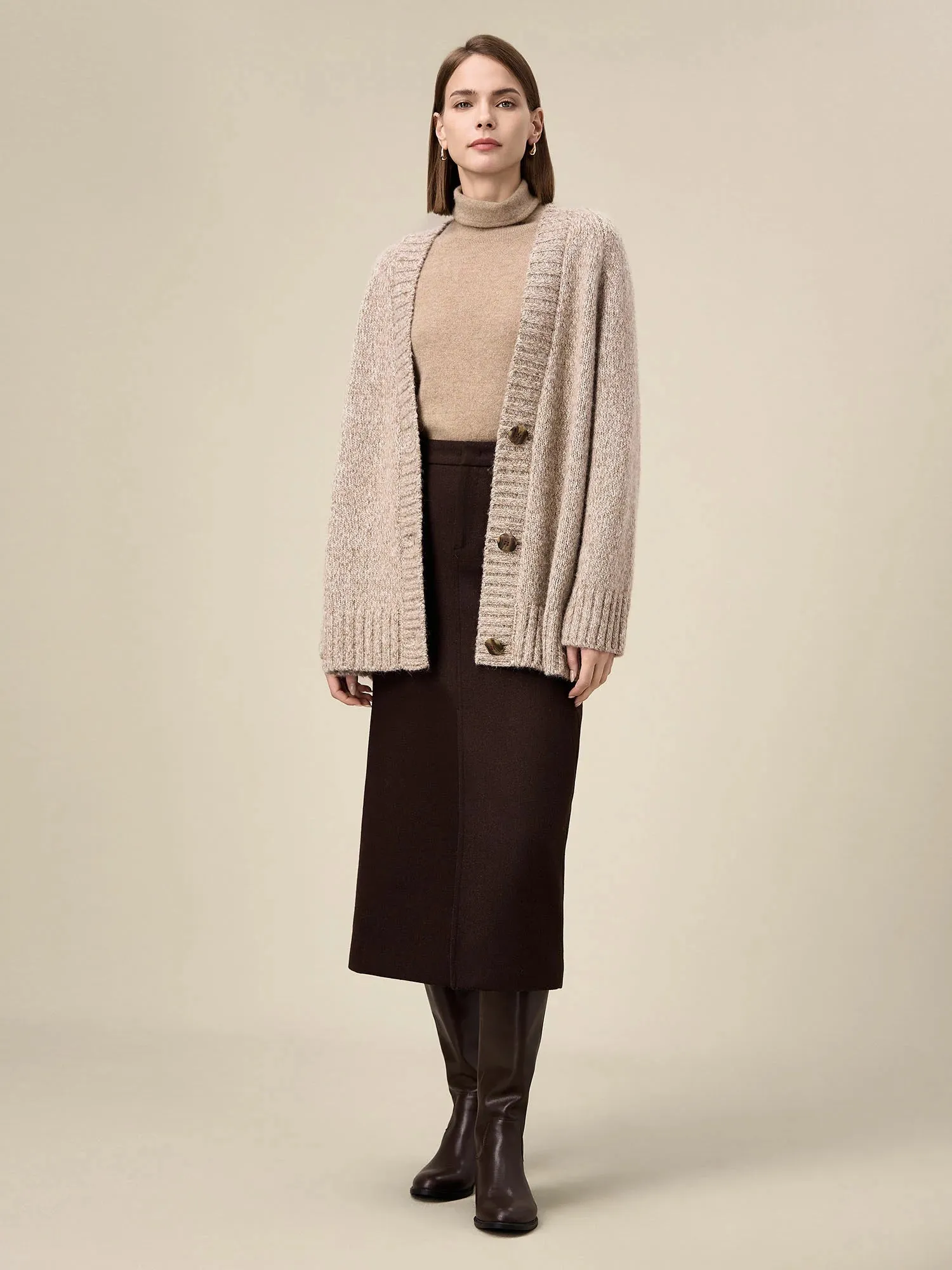Amoretu Women's Wool & Tencel Long-Sleeved Knitted Cardigan