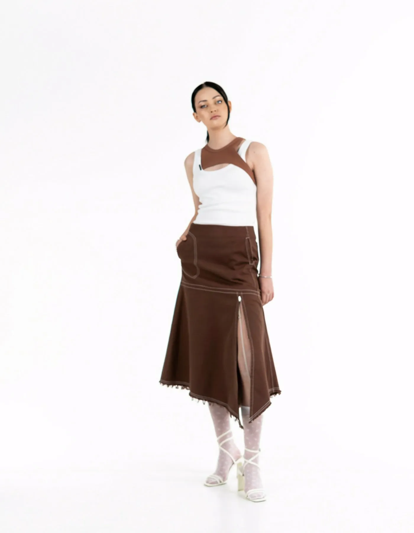 Asymmetric brown denim skirt