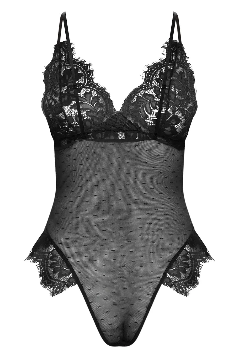 Black Deep Neck Mesh Lace Teddy
