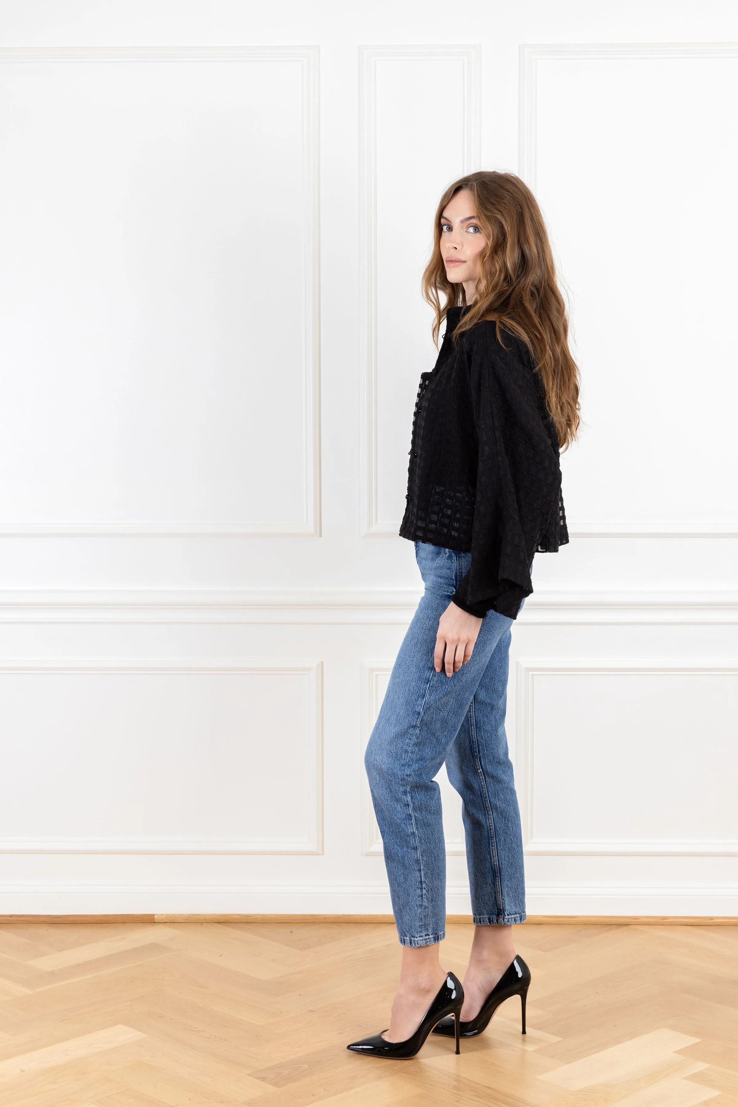 Black Grid Organza Cropped Jacket