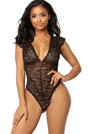 Black Sheer Floral Lace Teddy