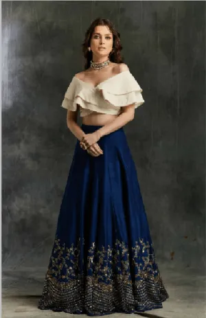 Blue Border Lehenga with off Shoulder crop top