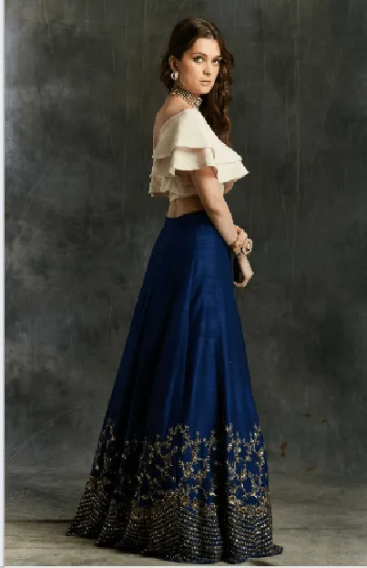 Blue Border Lehenga with off Shoulder crop top
