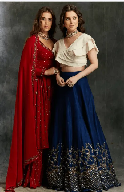 Blue Border Lehenga with off Shoulder crop top