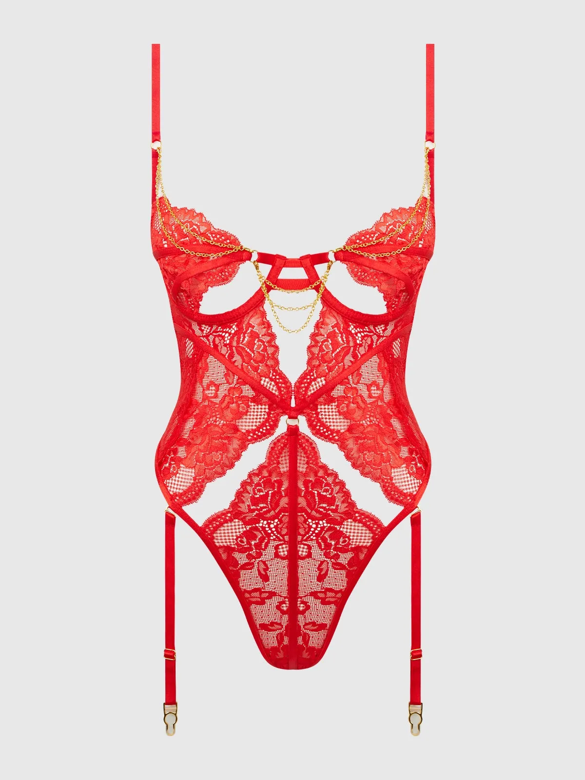 Cecily Lace & Chain Gartered Teddy- Available in Red or Black