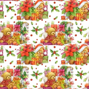 Christmas Fabric, Teddy Bears and Presents Fabric, Cotton or Fleece, 3334