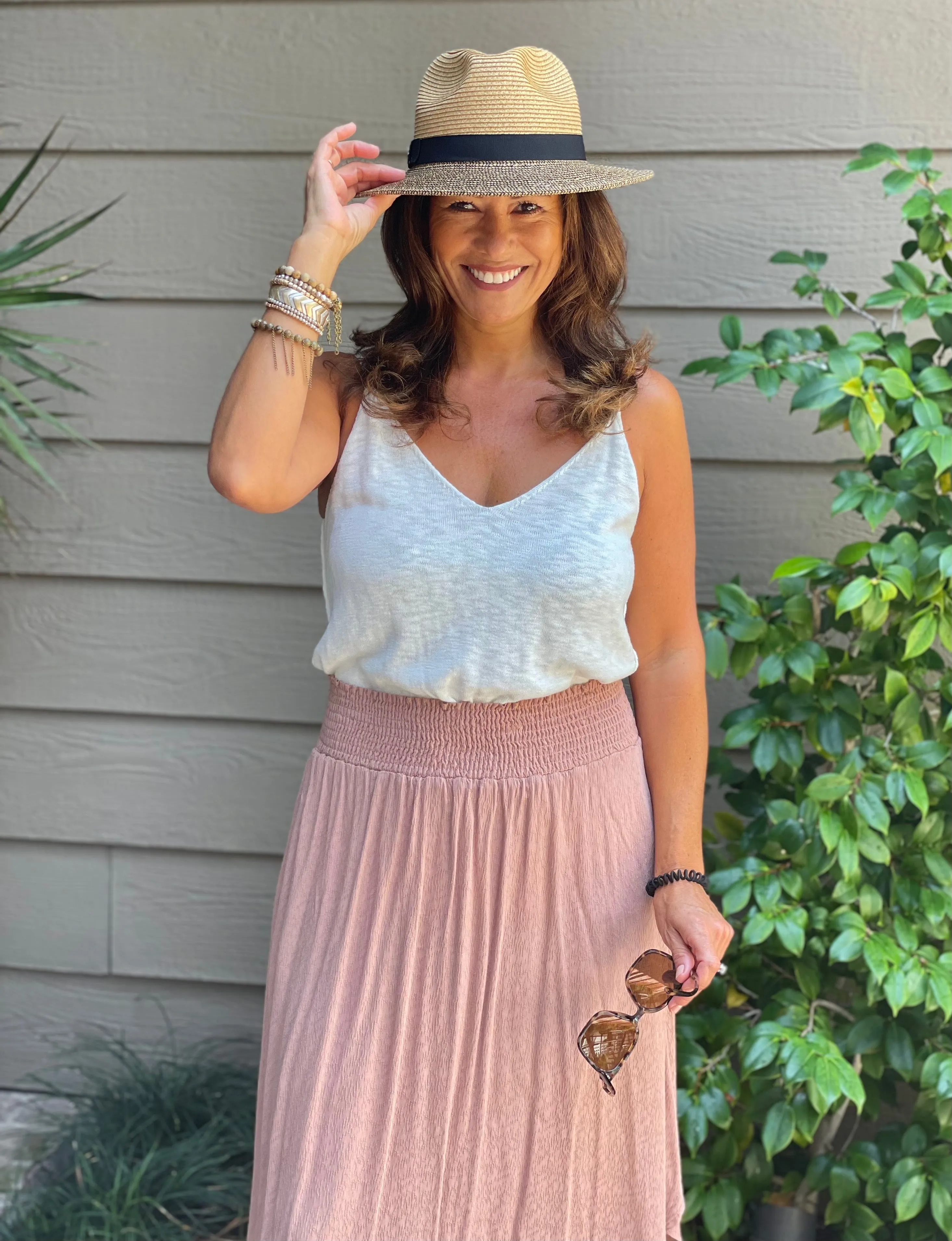 Clay Textured Midi Skirt w/Smocked Waistband & Round Hem