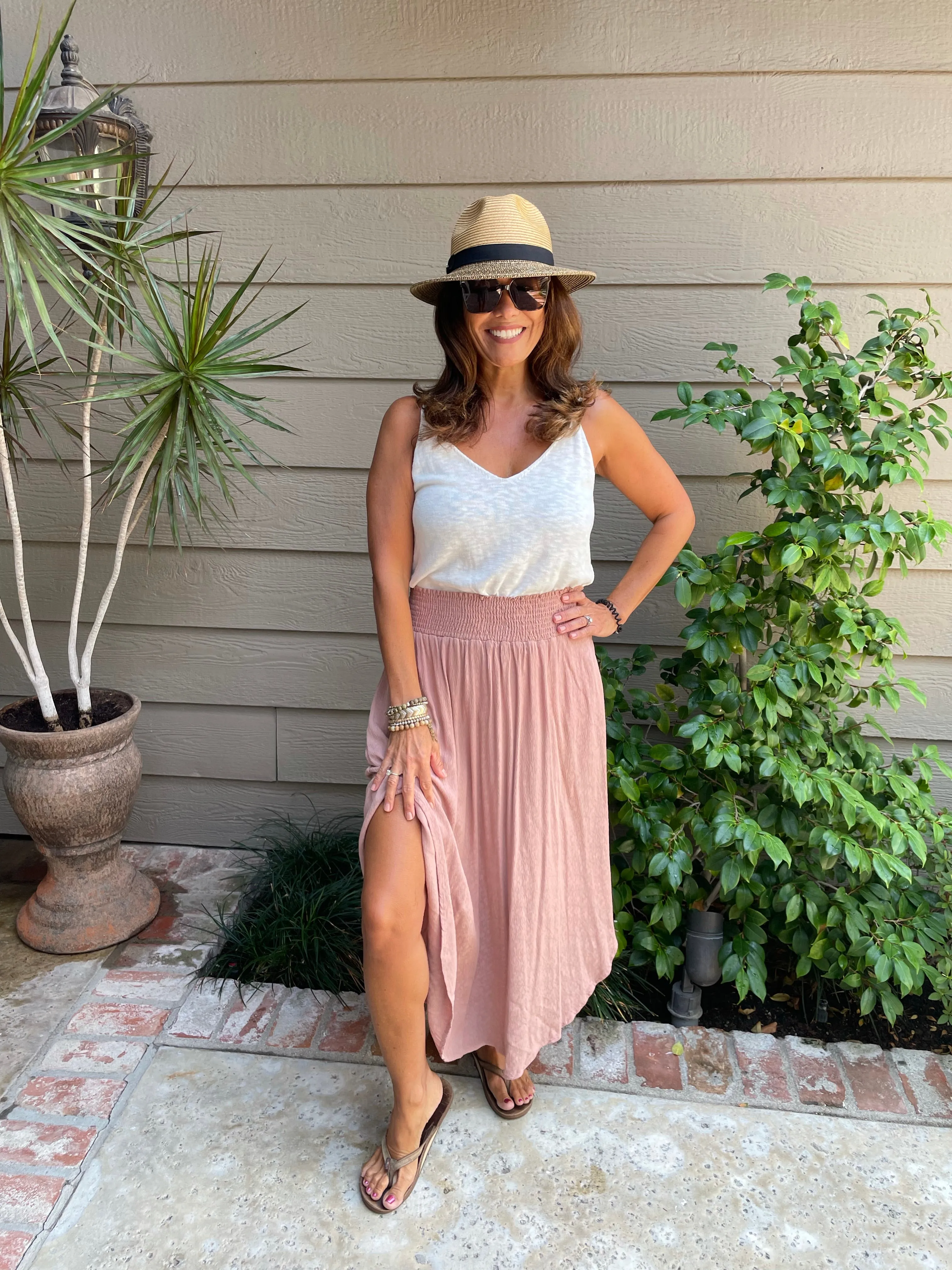 Clay Textured Midi Skirt w/Smocked Waistband & Round Hem