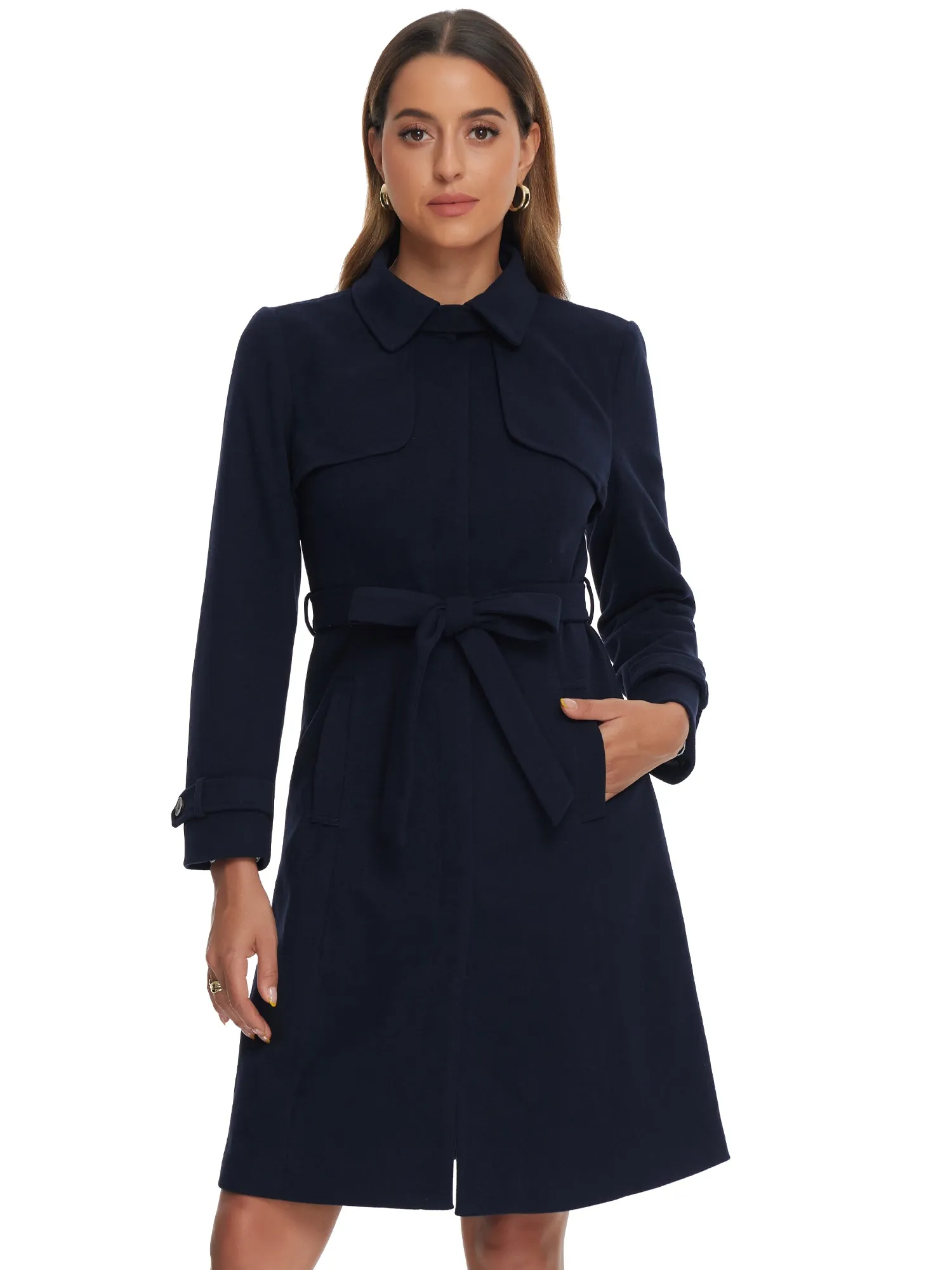 Collared Single Breasted Long Sleeve Belted Pea Coat