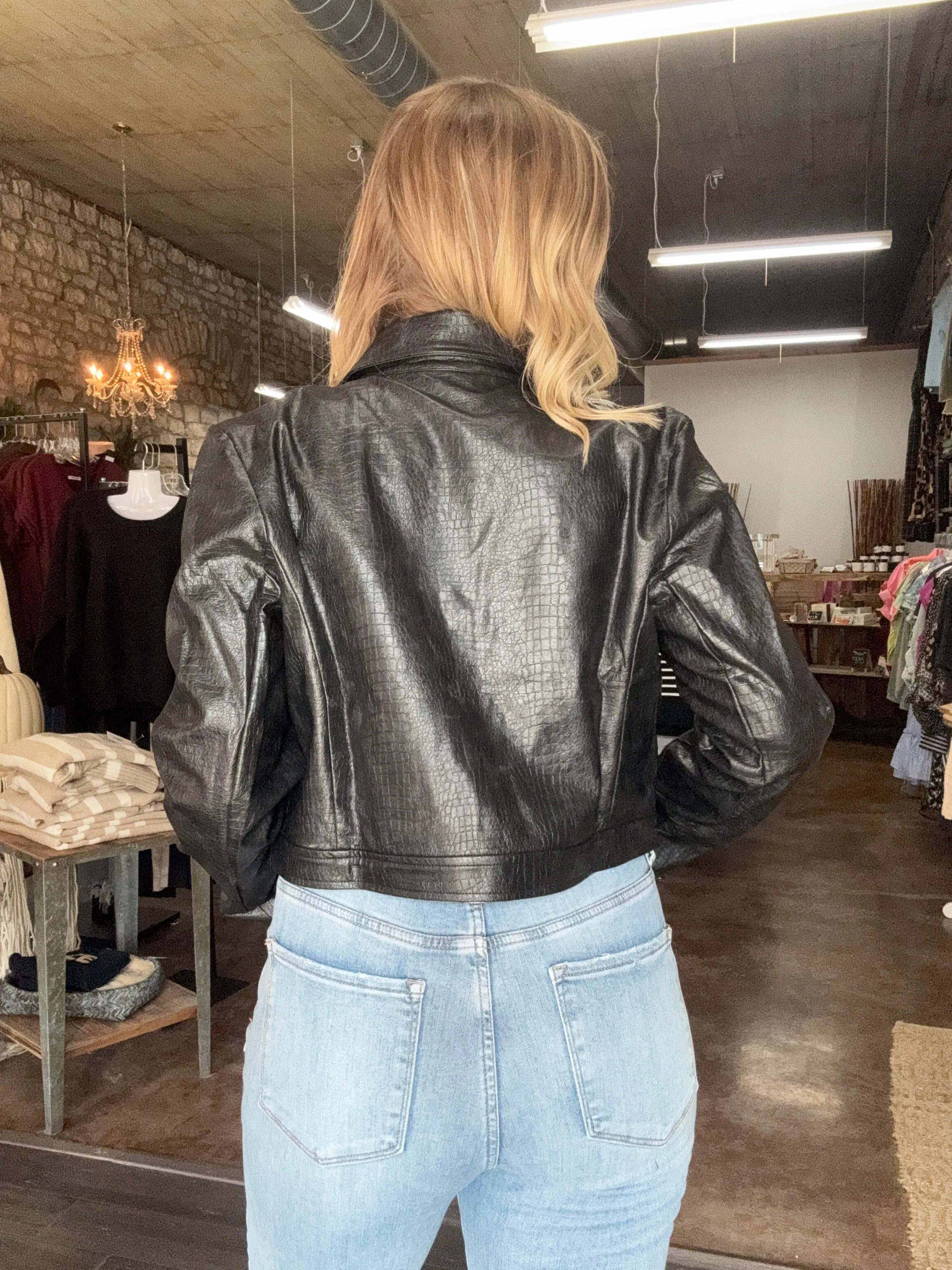 Crocodile Pleather Cropped Jacket