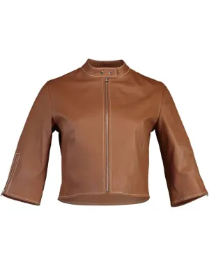 Cropped Tab Collar Biker Jacket - Cognac