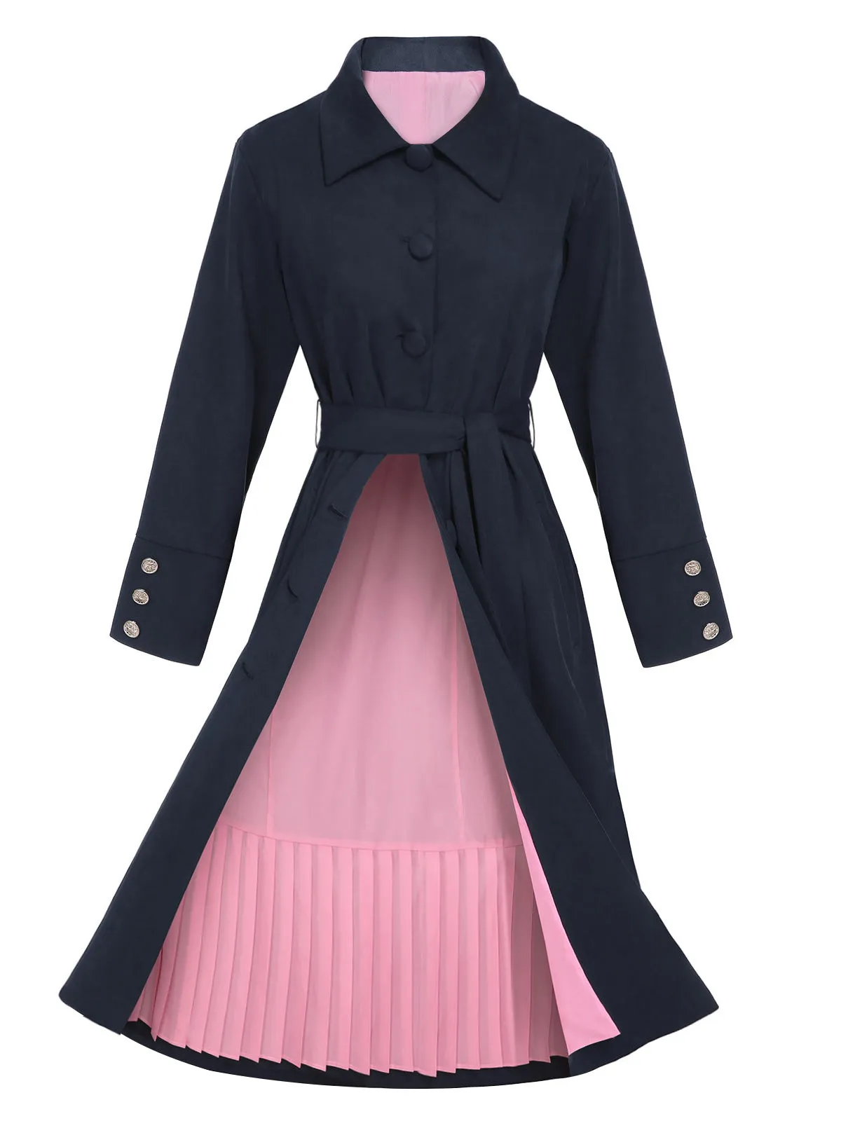 Dark Blue 1950s Solid Belted Coat