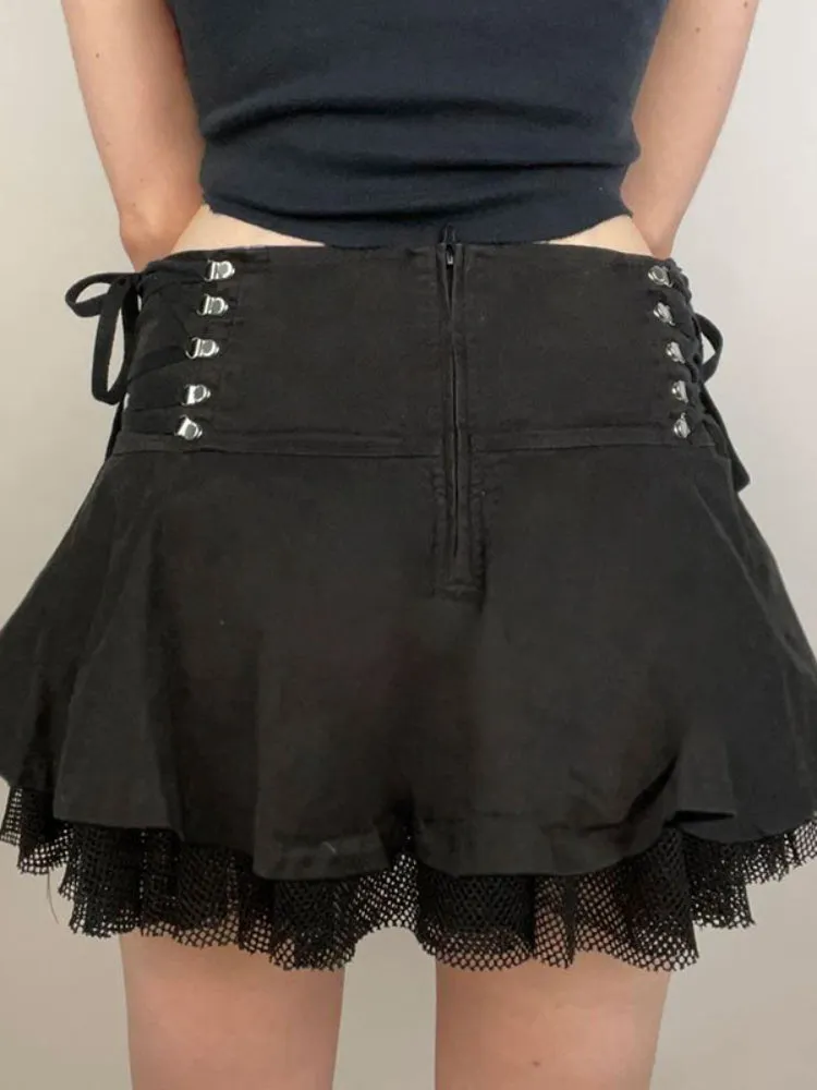 Dark Fishnet Patchwork Pleated Short Skirt