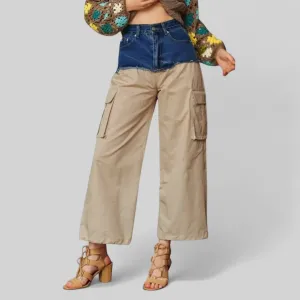Davi & Dani Denim Patchwork Wide Leg Pants with Cargo Pockets