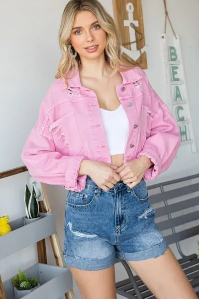 Denim Jacket Chain Cropped Distressed Frayed Denim Holes Button Up Veveret