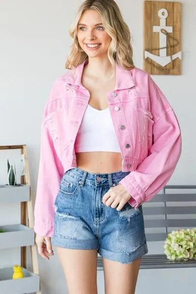 Denim Jacket Chain Cropped Distressed Frayed Denim Holes Button Up Veveret