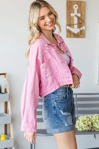 Denim Jacket Chain Cropped Distressed Frayed Denim Holes Button Up Veveret