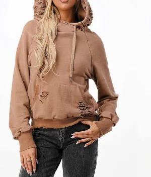 Distress Raglan Sleeve Kangaroo Pocket Hoodie