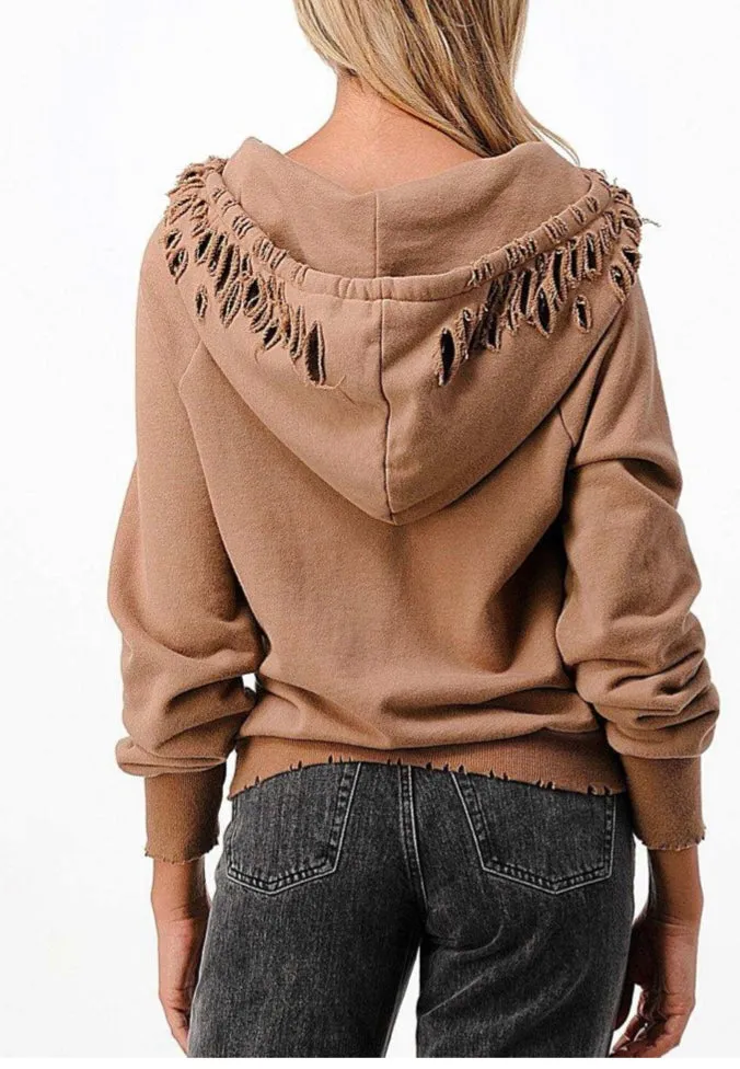 Distress Raglan Sleeve Kangaroo Pocket Hoodie