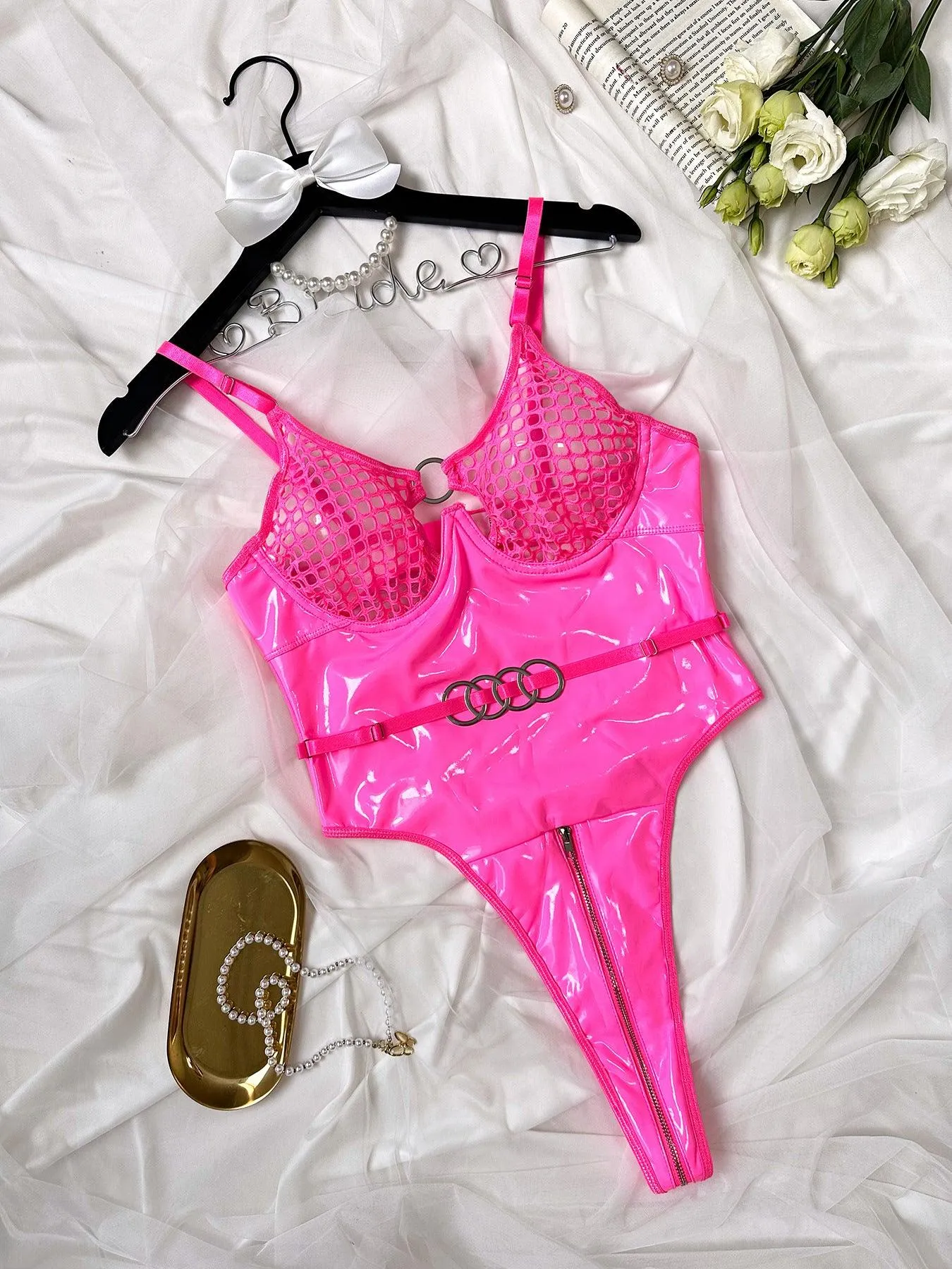 Edgy Cutout Mesh Lingerie Bodysuit with Zipper